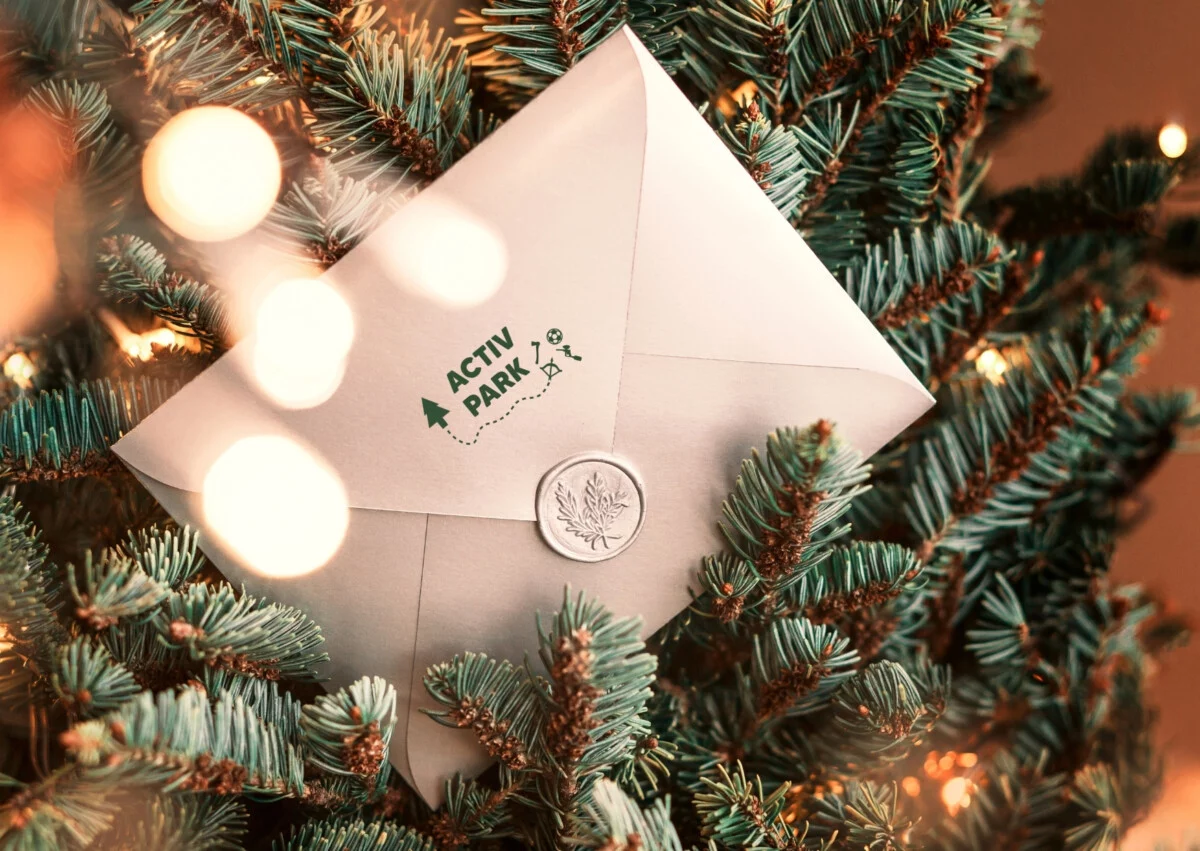 enveloppe contenant un bon cadeau d'Aktiv PArk dans un sapin de Noël